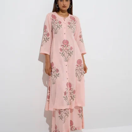Zuba Peach Floral Buta Design A-Line Kurta