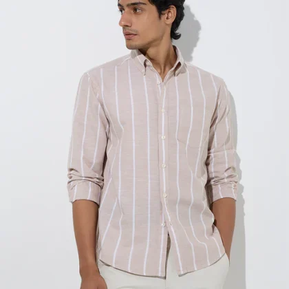 WES Casuals Beige Striped Relaxed-Fit Cotton-Blend Shirt