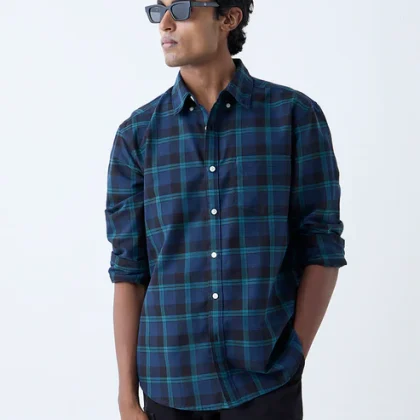 WES Casuals Navy Checkered Relaxed-Fit Cotton Shirt
