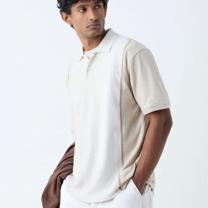 WES Casuals Beige Colour-Blocked Relaxed-Fit Cotton-Blend Polo T-Shirt