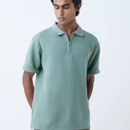 WES Casuals Sage Relaxed-Fit Quarter-Zip Cotton-Blend Polo T-Shirt