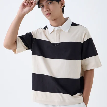 Nuon Off-White Striped Relaxed-Fit Cotton Polo T-Shirt
