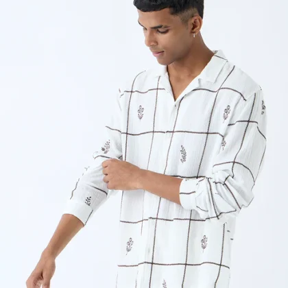 ETA White Checks Detailed Relaxed-Fit Cotton Shirt