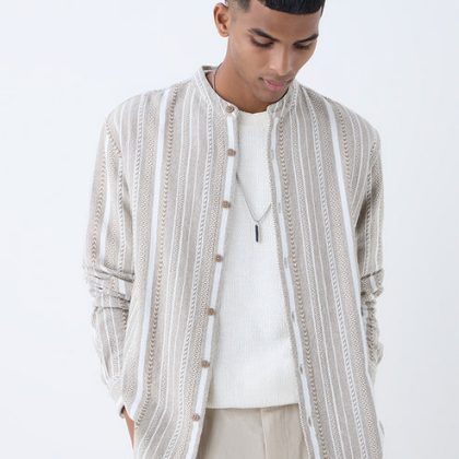 ETA Taupe Stripe Pattern Relaxed-Fit Cotton Shirt